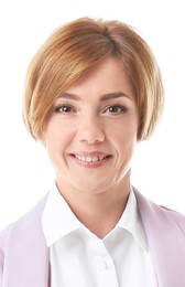 Image of Passport photo. Portrait of woman on white background