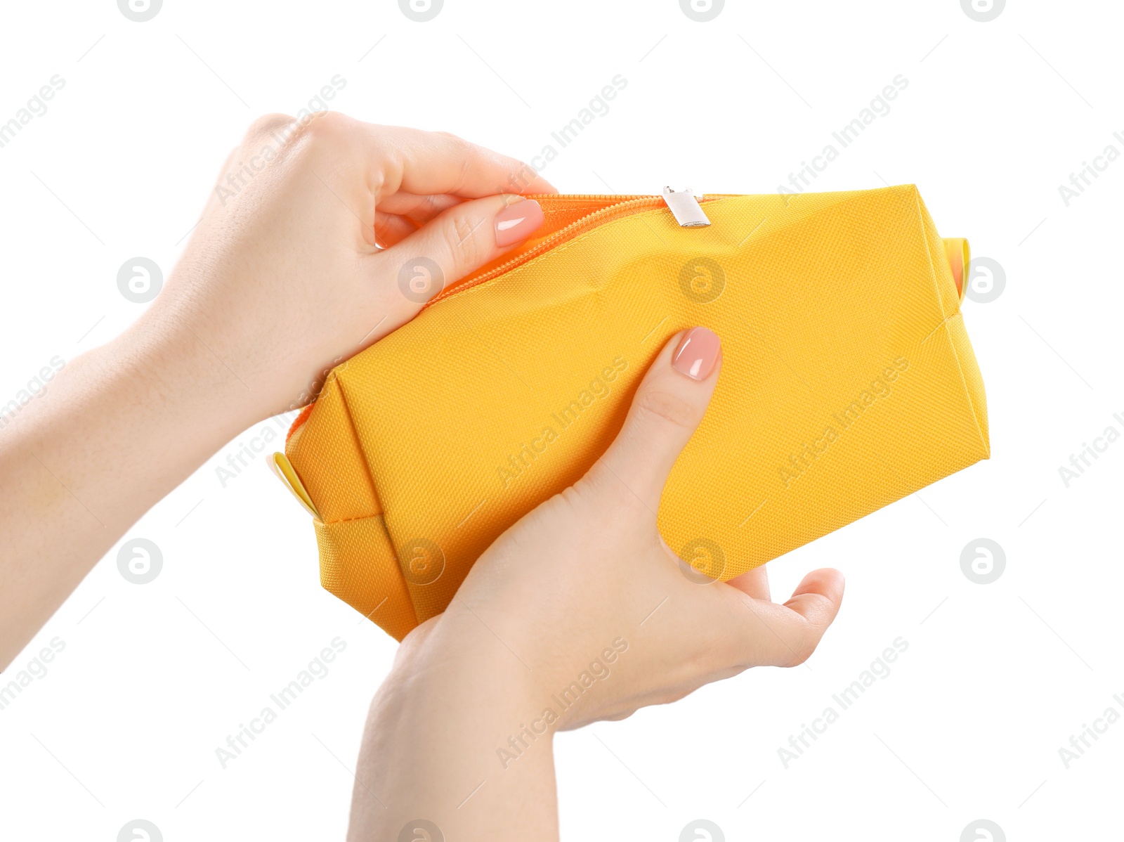 Photo of Woman with cosmetic bag isolated on white, closeup