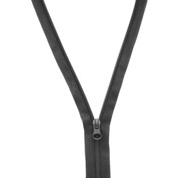 Photo of Black zipper on white background, top view