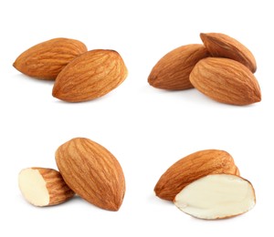 Image of Set with tasty almond nuts on white background 