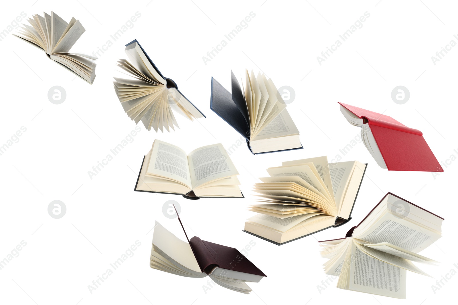 Image of Many hardcover books flying on white background