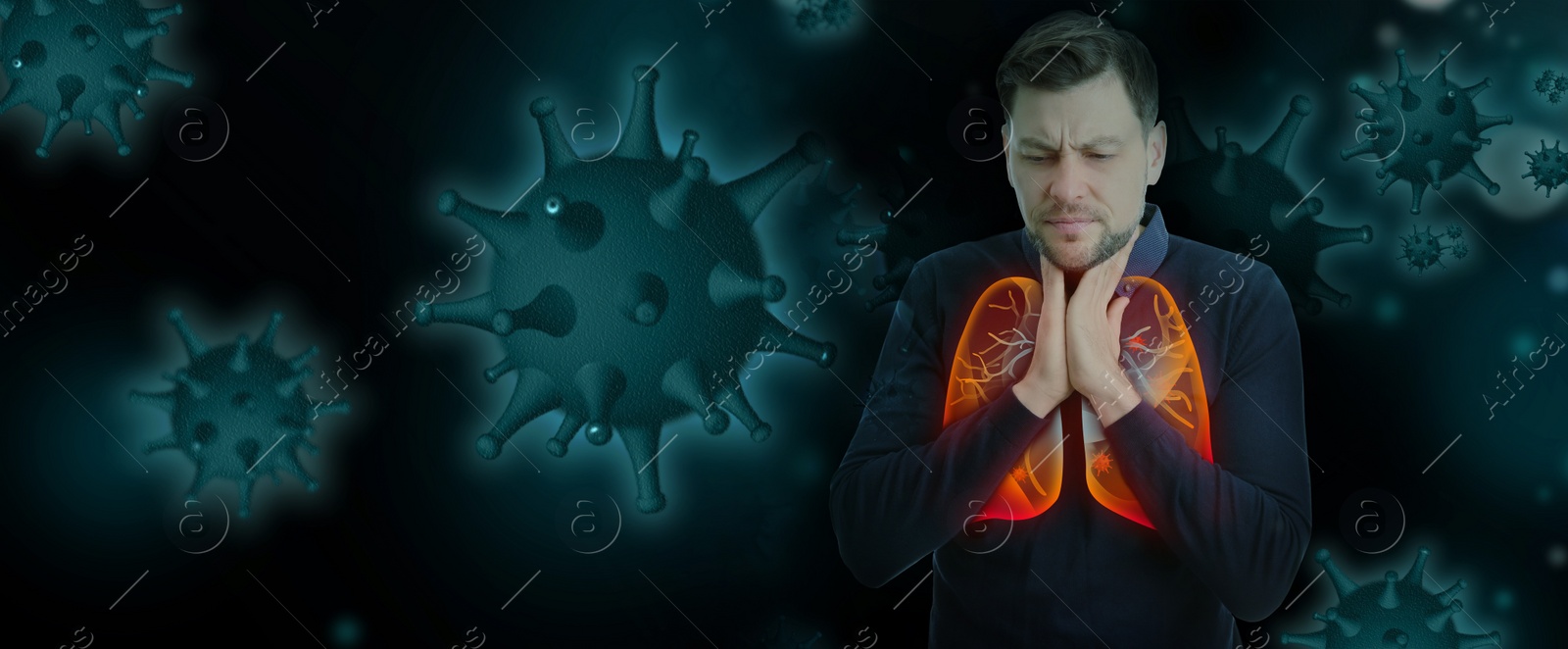 Image of Man with diseased lungs and viruses around him on dark background