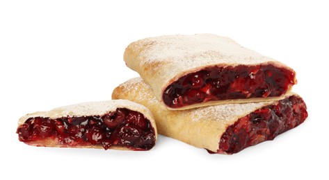 Delicious cut strudel with cherries isolated on white