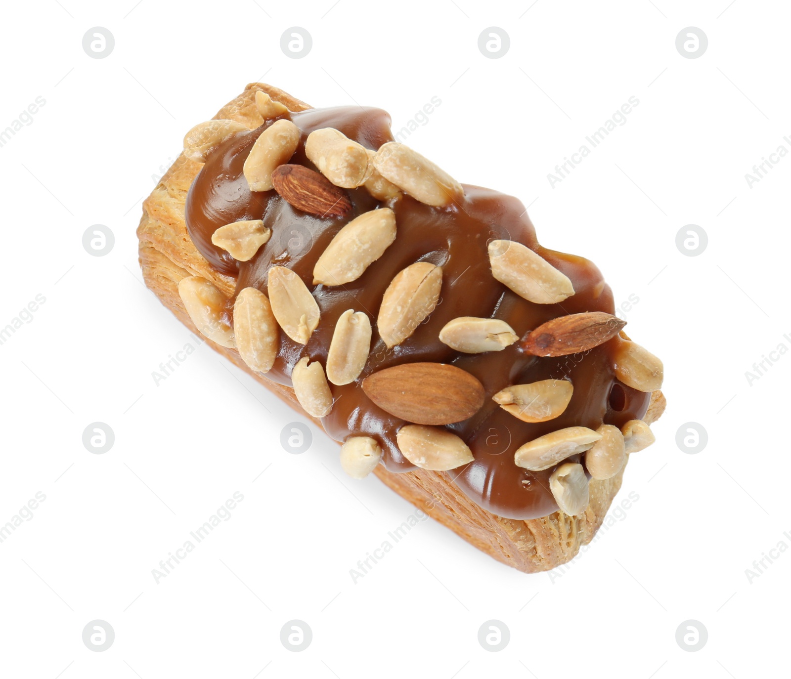 Photo of Round croissant with chocolate paste and nuts isolated on white, top view. Tasty puff pastry