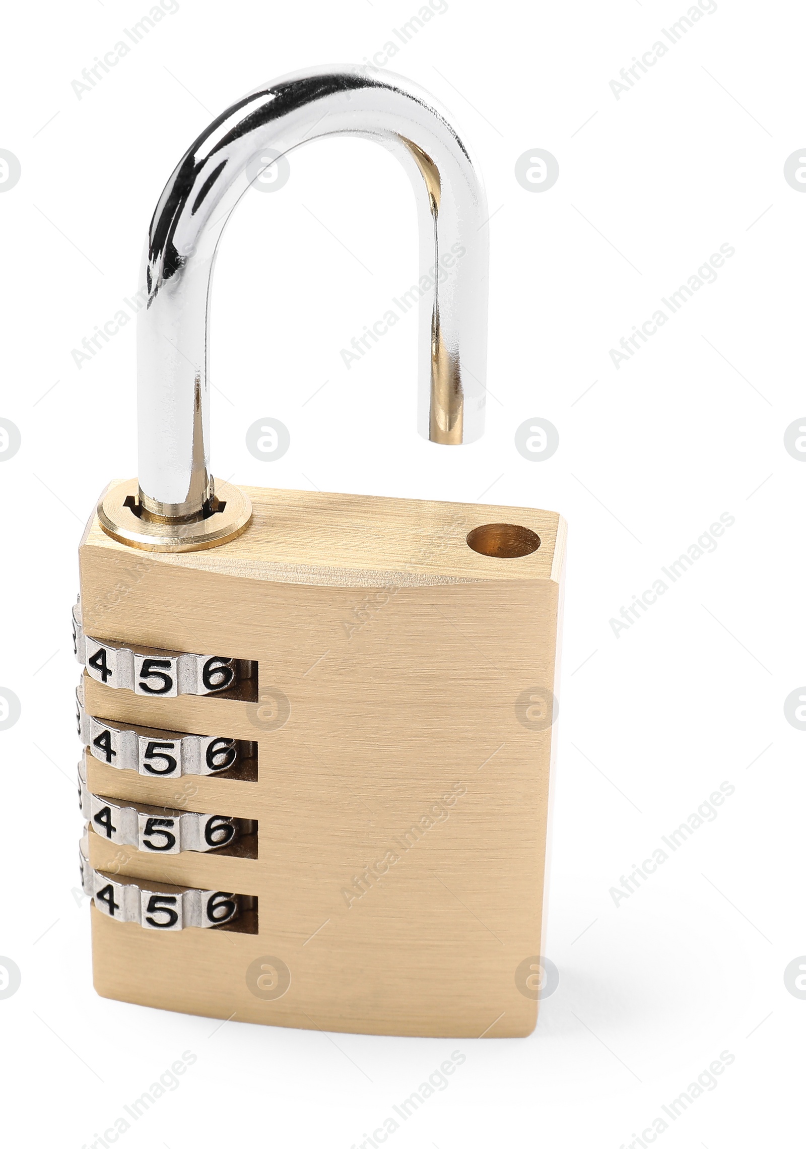 Photo of Unlocked steel combination padlock isolated on white