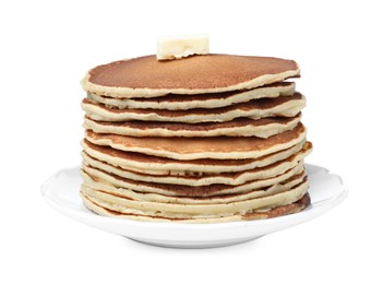 Stack of tasty pancakes with butter on white background