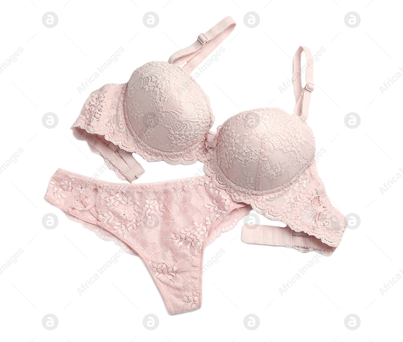 Photo of Elegant pink women's underwear isolated on white, top view