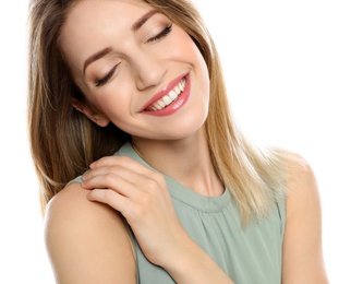 Portrait of young woman with beautiful face on white background, closeup