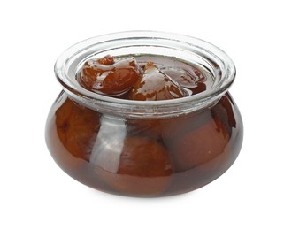 Jar of tasty sweet fig jam isolated on white