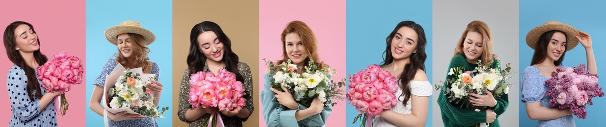 Image of Charming ladies with beautiful flowers on different colors backgrounds, collage. 8 March - Happy Women's Day