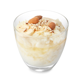 Photo of Delicious rice pudding with banana and almonds isolated on white