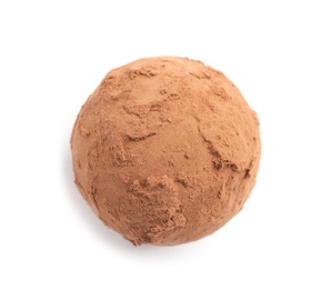 Photo of Delicious raw chocolate truffle on white background