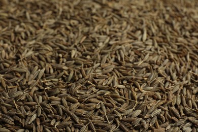 Photo of Aromatic caraway seeds as background, closeup view