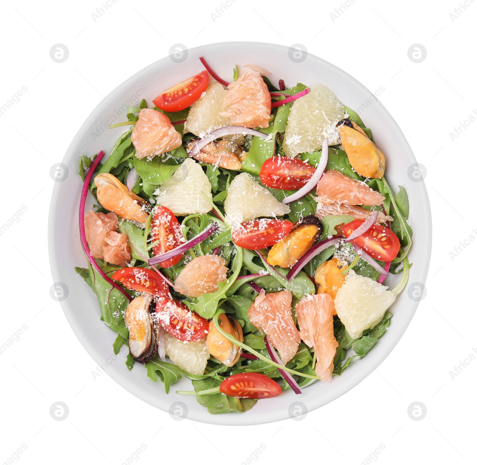 Photo of Delicious pomelo salad with tomatoes and mussels in bowl isolated on white, top view