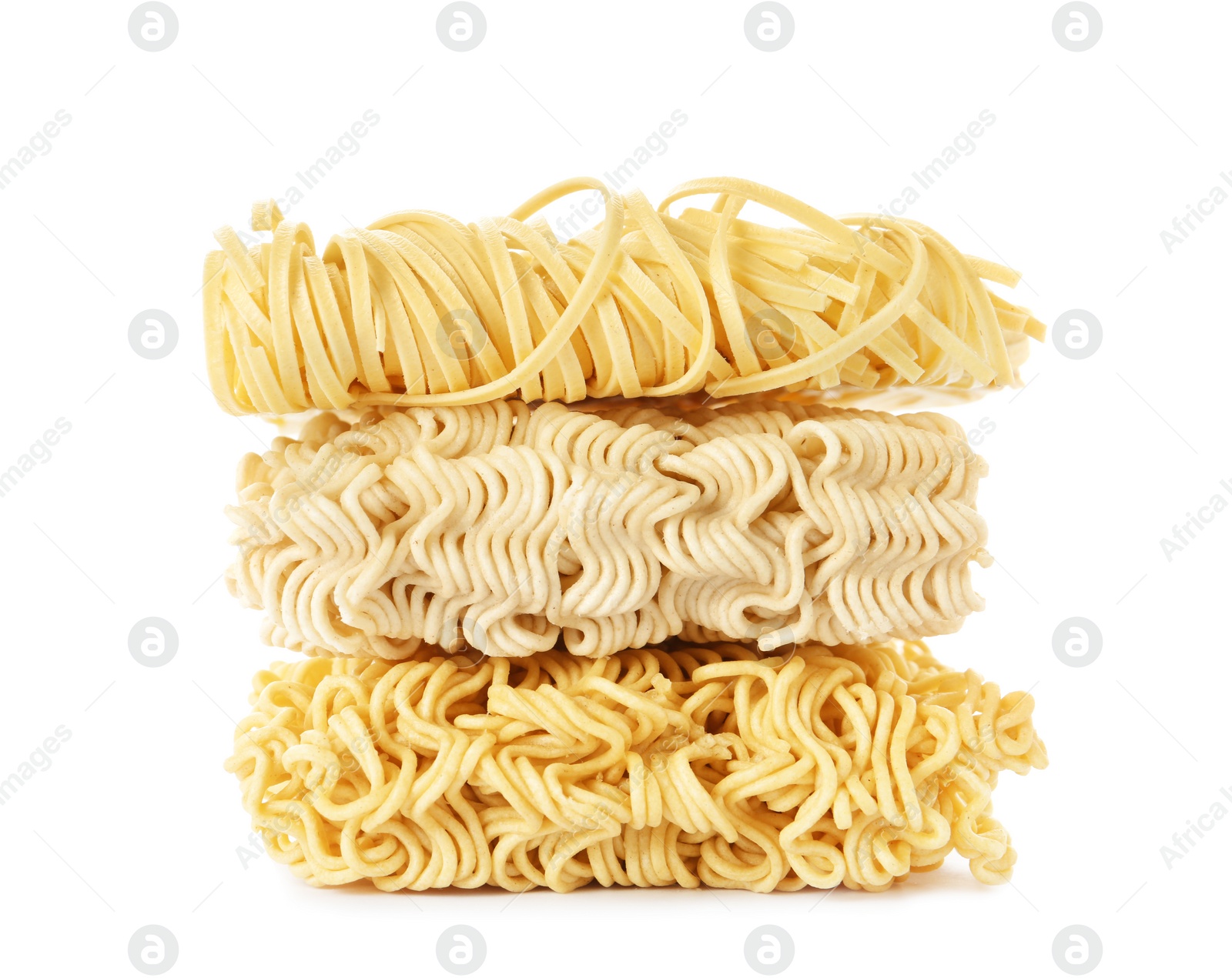 Photo of Different quick cooking noodles isolated on white