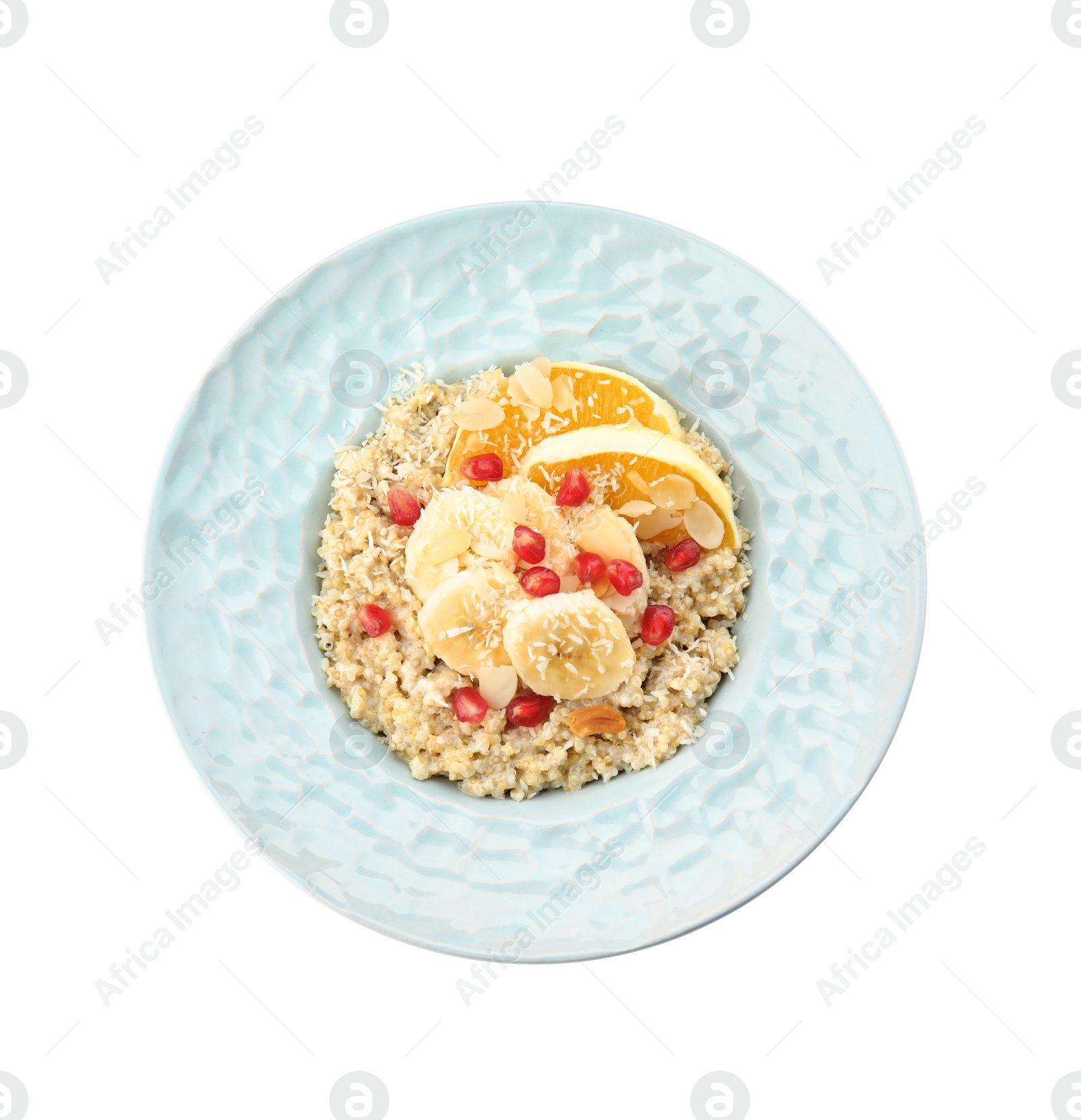 Photo of Plate of quinoa porridge with orange, banana and pomegranate seeds on white background, top view