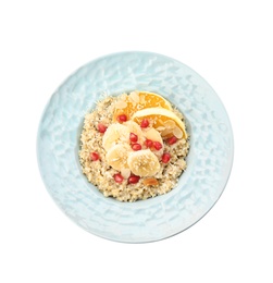 Photo of Plate of quinoa porridge with orange, banana and pomegranate seeds on white background, top view