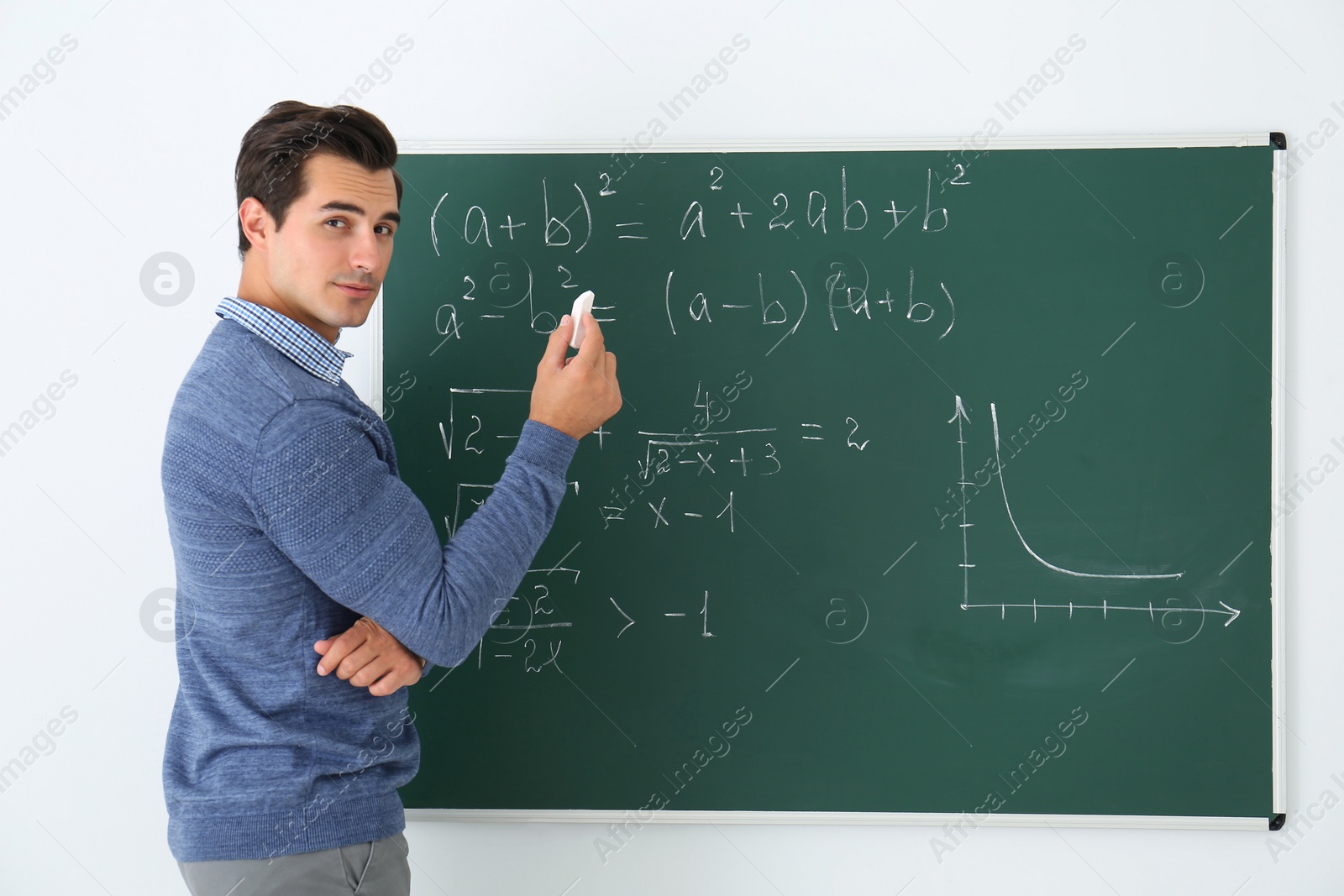 Photo of Young teacher near chalkboard with math formulas in classroom