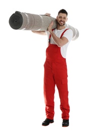 Photo of Male worker with rolled carpet on white background