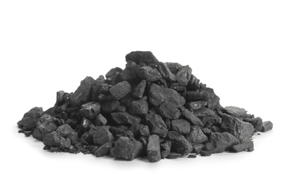 Photo of Heap of coal isolated on white. Mineral deposits