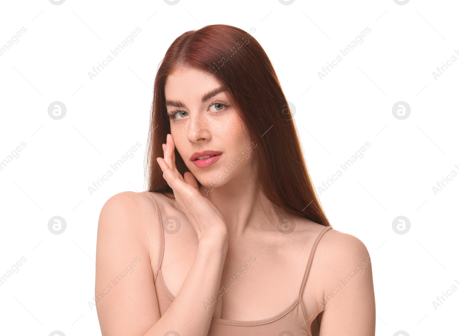 Photo of Portrait of beautiful woman on white background