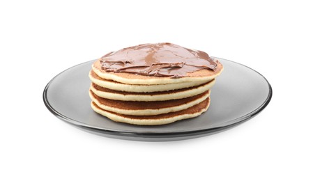 Photo of Delicious pancakes with chocolate paste isolated on white