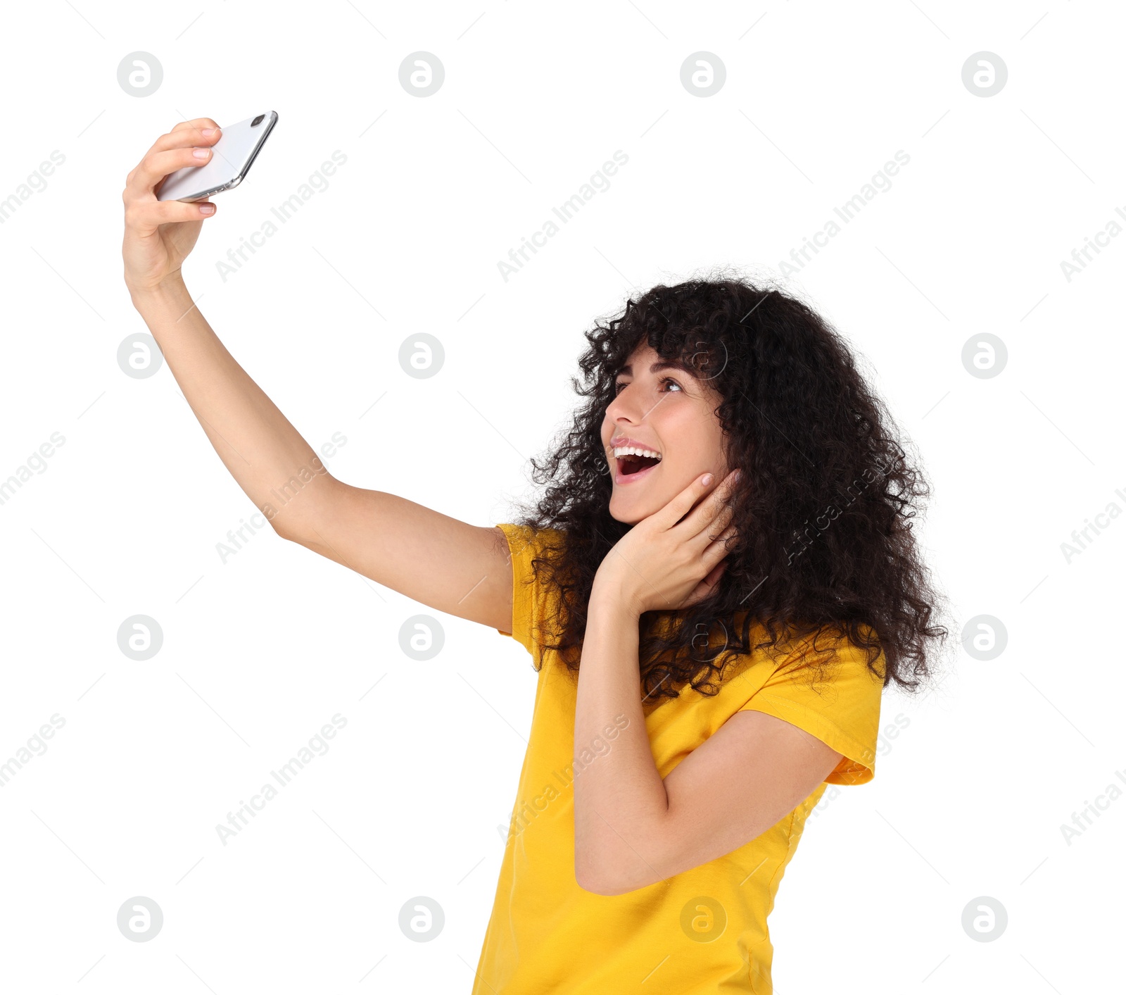 Photo of Beautiful young woman taking selfie on white background