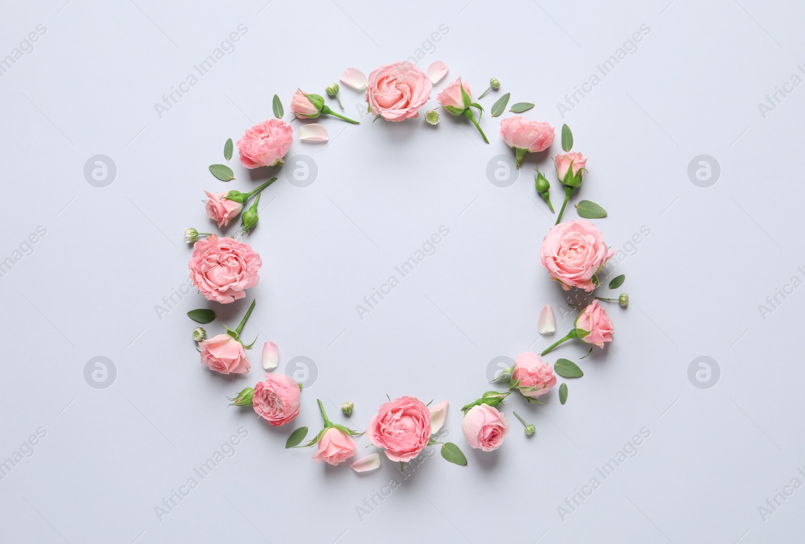 Photo of Wreath made of beautiful flowers and green leaves on light background, flat lay. Space for text