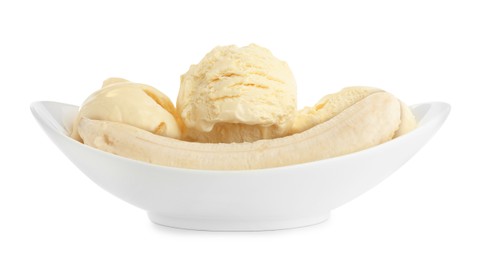 Photo of Delicious banana split ice cream isolated on white