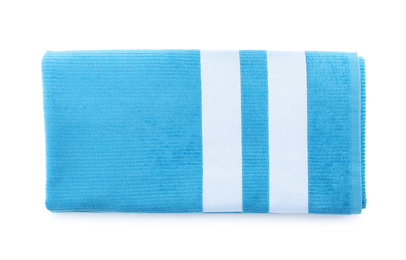 Blue towel isolated on white, top view. Beach object