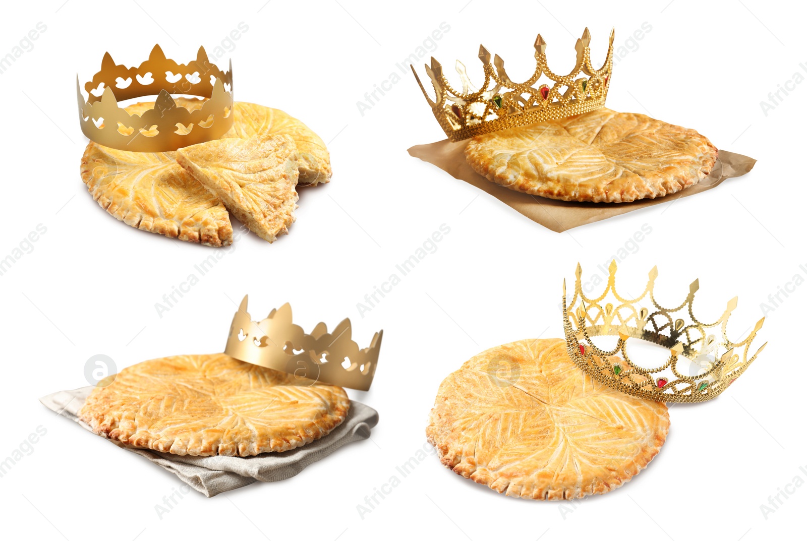 Image of Set of traditional delicious galettes des rois on white background