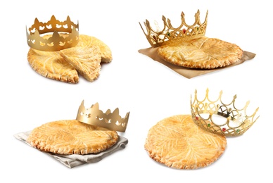 Set of traditional delicious galettes des rois on white background