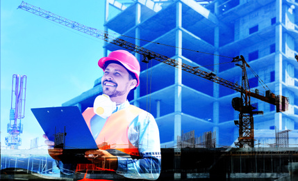 Image of Double exposure of professional engineer in safety equipment and construction site