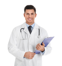 Portrait of doctor with clipboard on white background