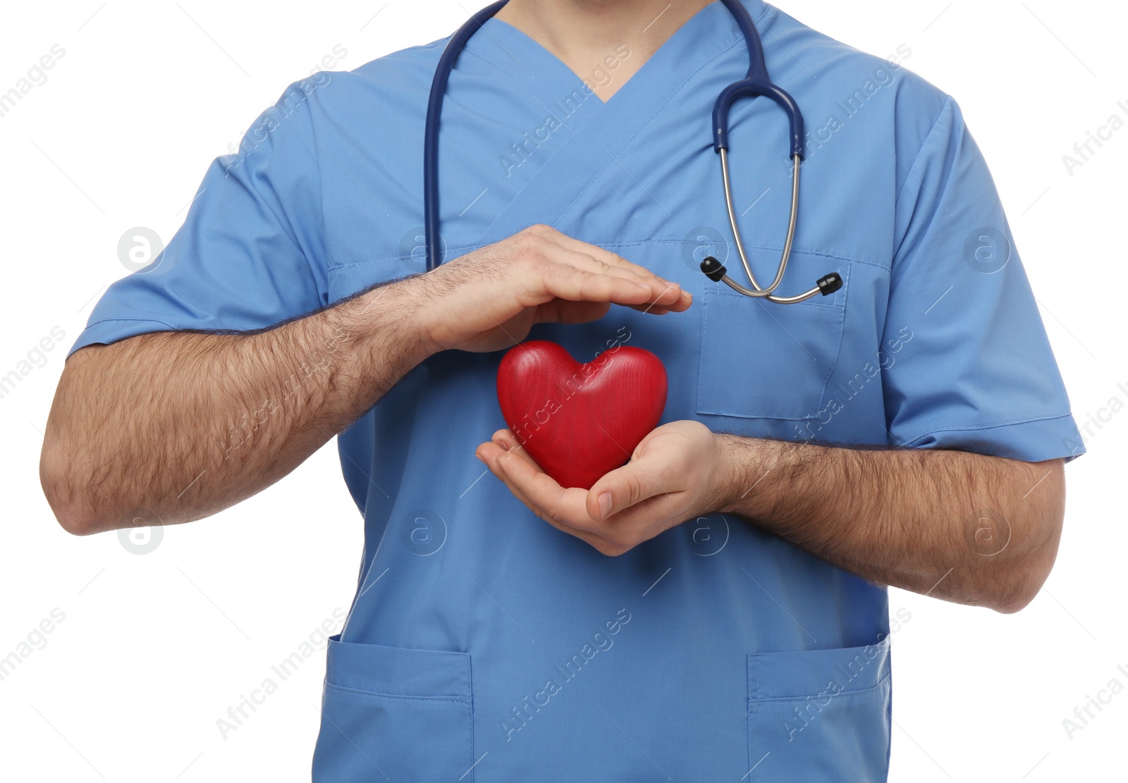 Photo of Doctor with stethoscope and red heart on white background, closeup. Cardiology concept