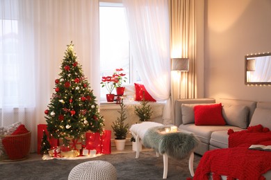 Living room with Christmas decorations. Festive interior design