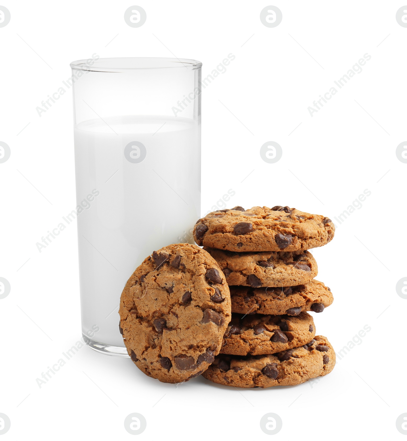 Photo of Delicious chocolate chip cookies and glass of milk isolated on white