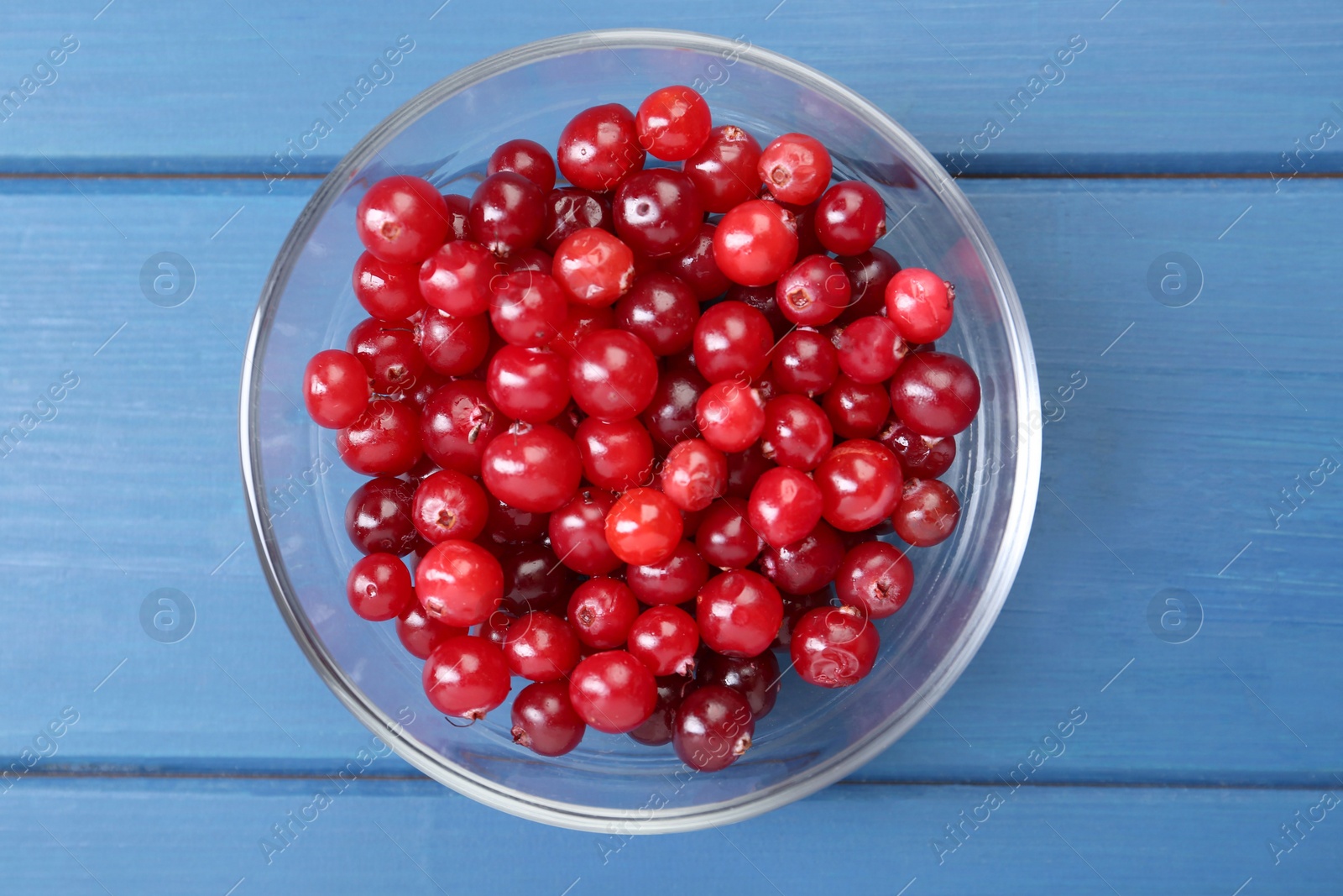 Photo of Fresh ripe cranberries in glass bowl on blue wooden table, top view