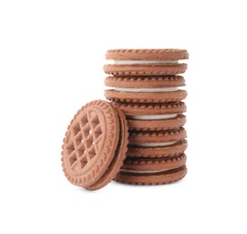 Photo of Stack of tasty chocolate sandwich cookies with cream isolated on white