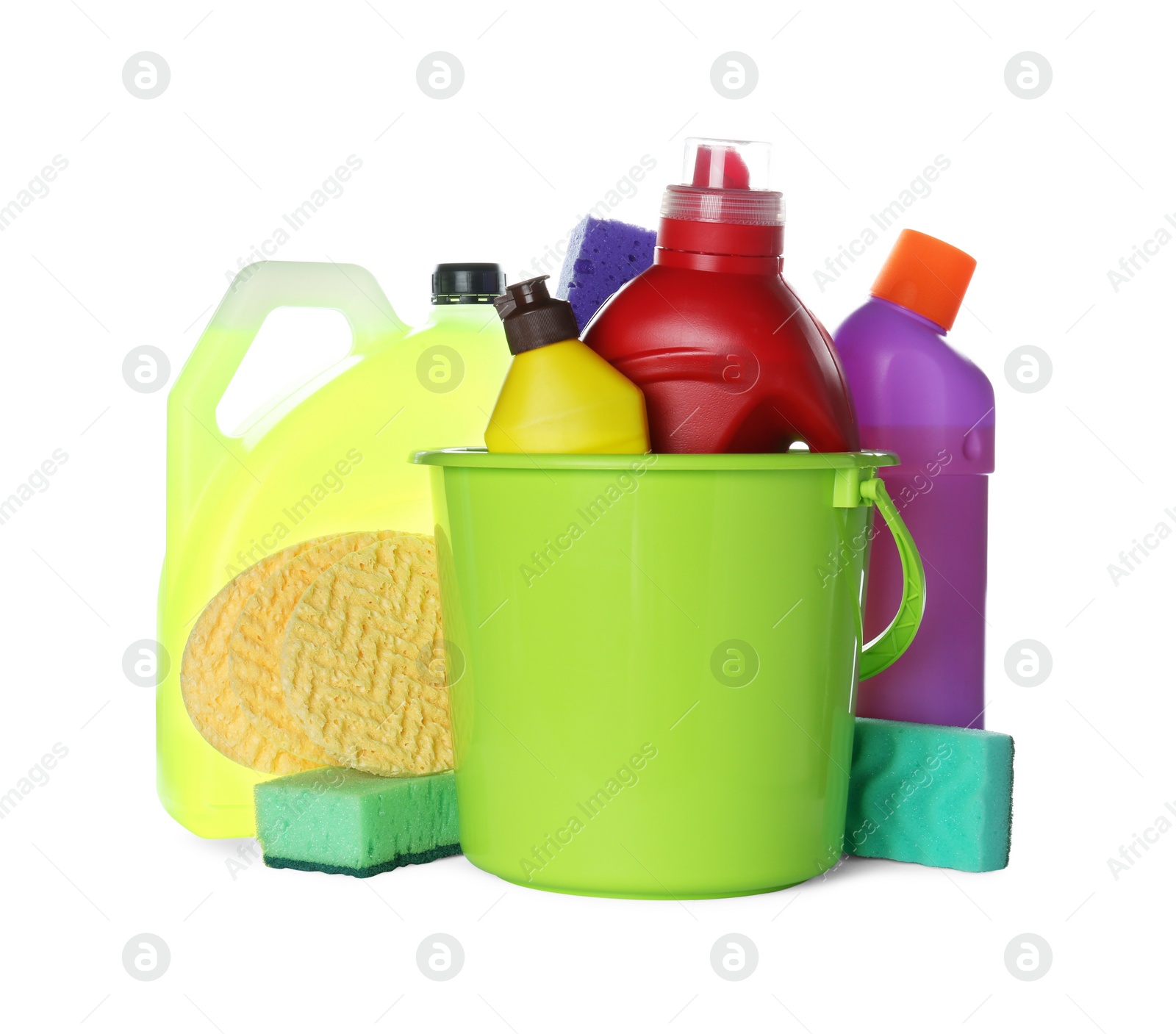 Photo of Different cleaning supplies and tools on white background