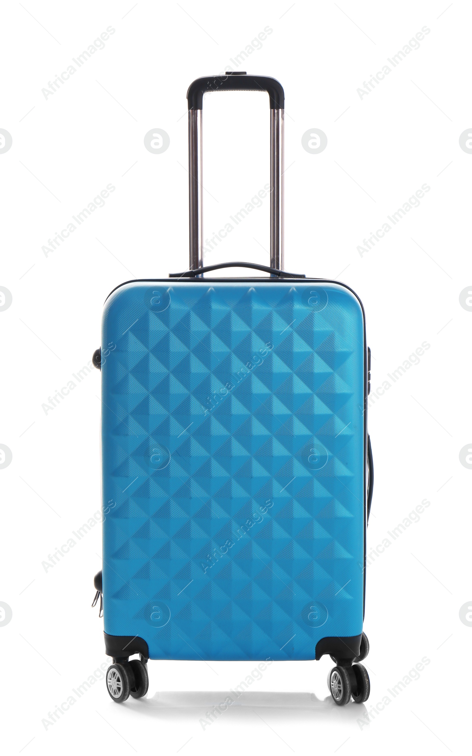 Photo of Blue suitcase for travelling on white background