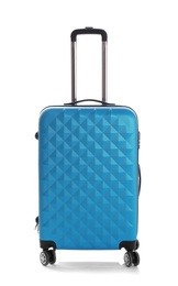 Photo of Blue suitcase for travelling on white background