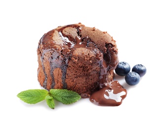 Photo of Delicious fresh fondant with hot chocolate and blueberries on white background. Lava cake recipe