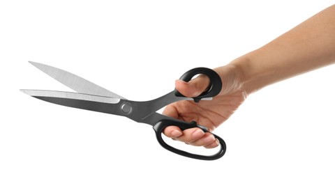 Woman holding tailor's scissors isolated on white, closeup