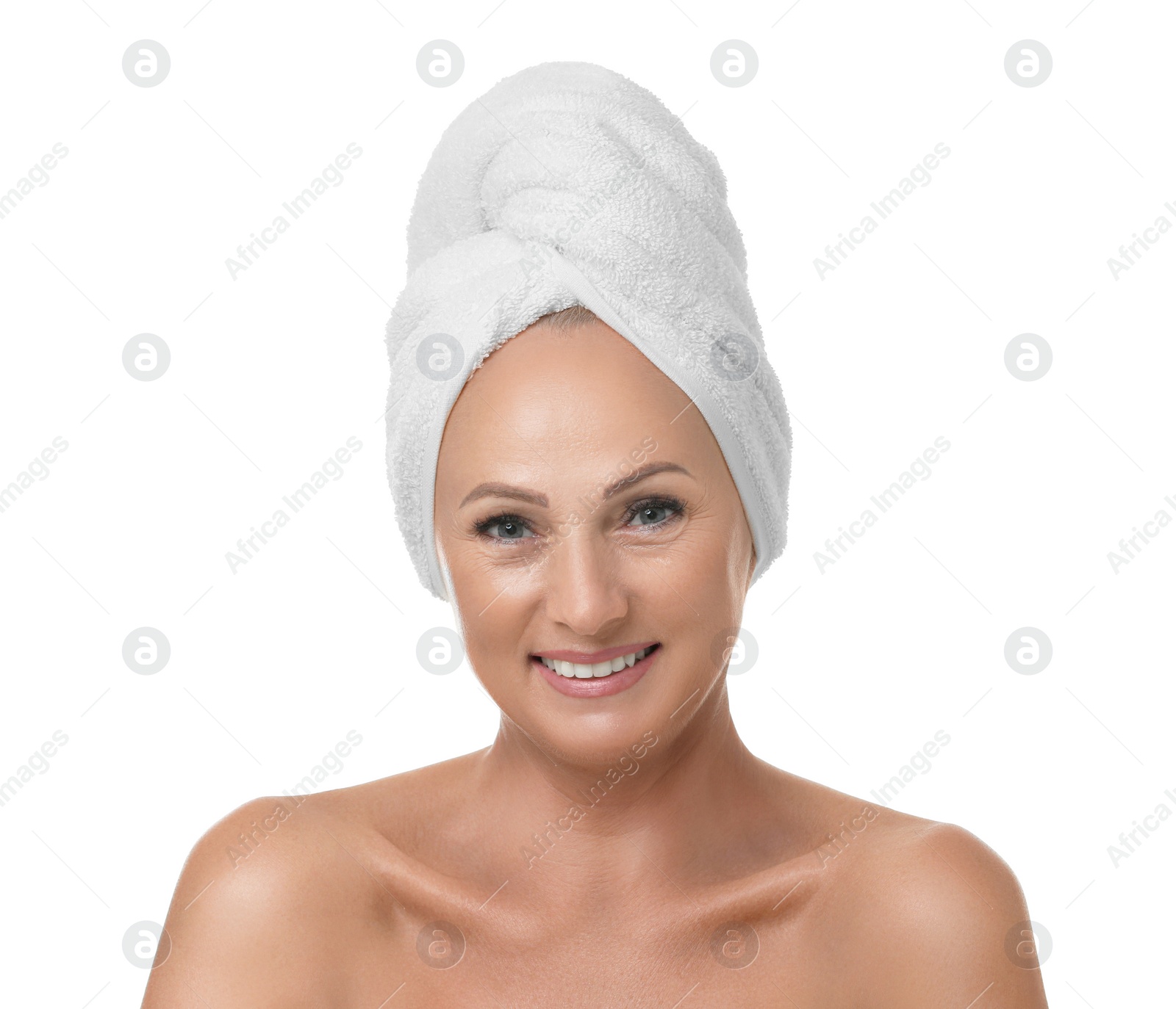 Photo of Portrait of beautiful mature woman with perfect skin on white background