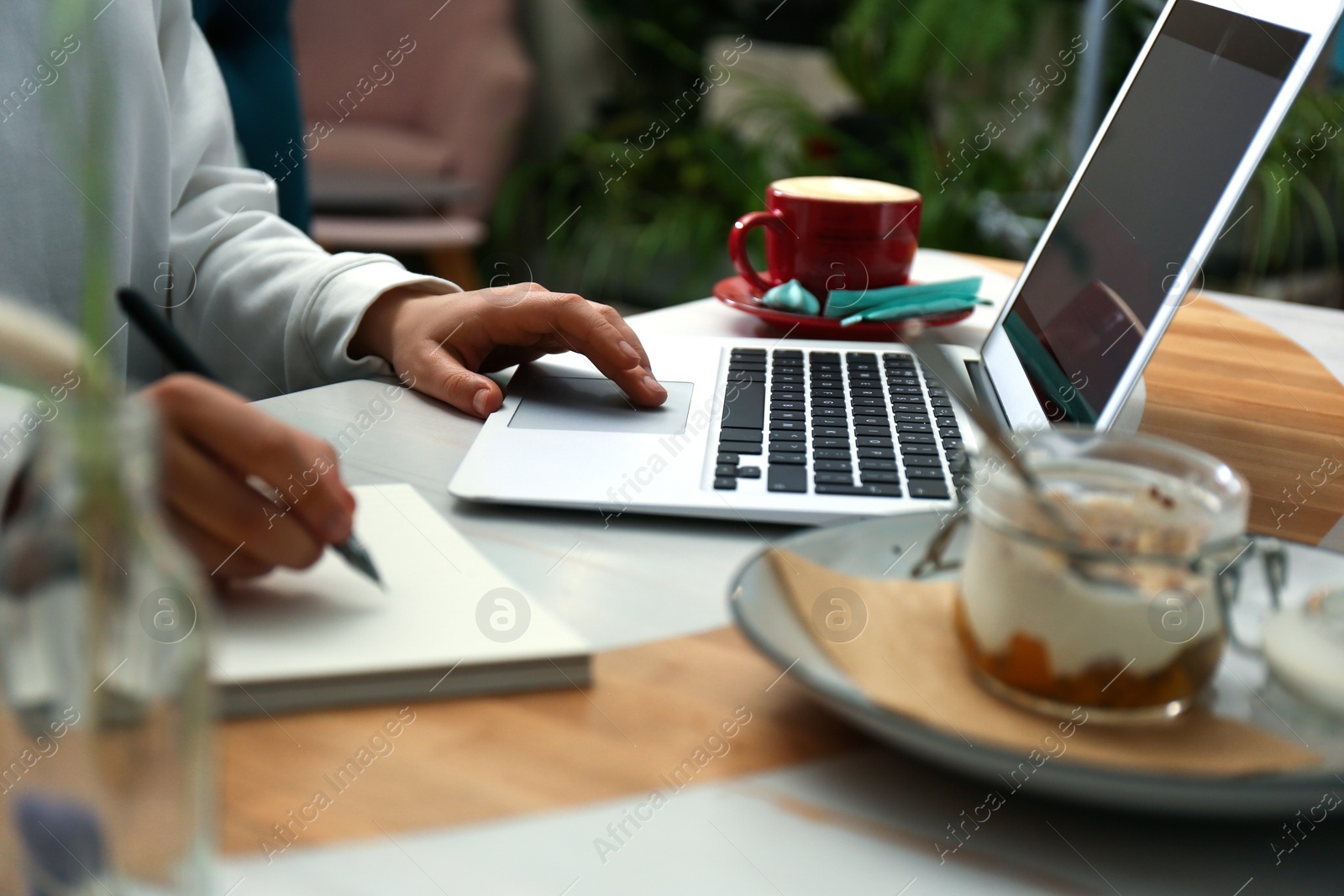 Photo of Blogger working with laptop in cafe, closeup