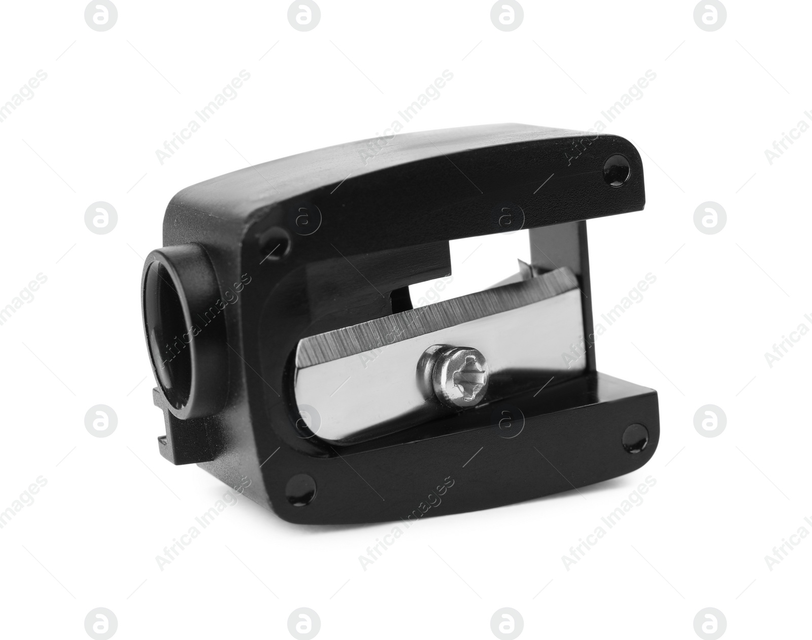 Photo of Plastic black pencil sharpener isolated on white