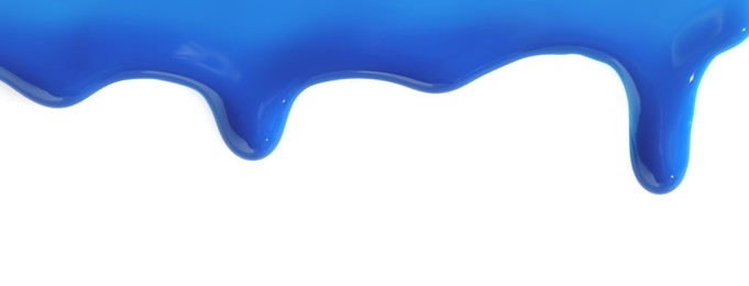 Photo of Blue nail polish flowing on white background