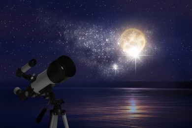 Image of Astronomy. Viewing beautiful starry sky with full moon through telescope at night