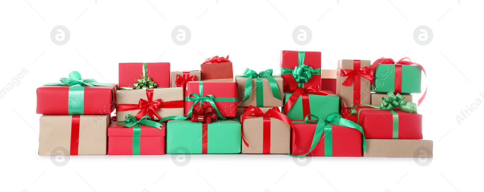 Photo of Many different Christmas gift boxes isolated on white